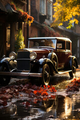 Wall Mural - Vintage car being rinsed by an old-fashioned water pump, Generative AI