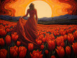 A painting of a woman standing in a field of red tulip flowers