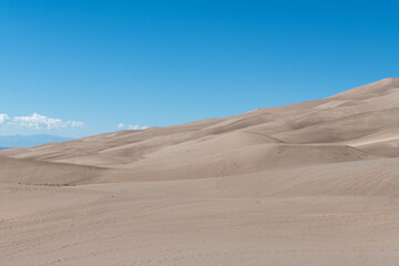  Gently sloping sand dunes under a bright blue sky at Great Sand Dunes National Park in southern Colorado