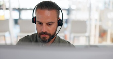 Aufkleber - Man, consultant and call center for telemarketing, customer support or service and advice at the office. Male consulting agent in contact us with headset on computer for online assistance or help
