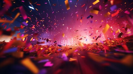 Wall Mural - A festive and colorful party with flying neon confetti on a purple, red and blue background