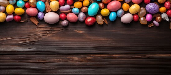 Poster - Easter eggs made of chocolate and candies in various colors displayed on a worn wooden table