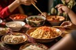 Close-up noodle, Around the table, happy people share in lunar new year