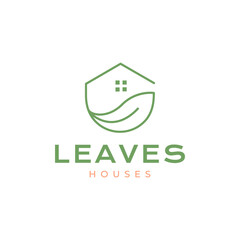 roof house with leaf plant gardening nature florist botanical line style simple minimalist logo design vector icon illustration