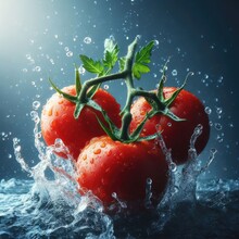 Three Red Tomatoes On A Vine Splashing Into A Pool Of Water