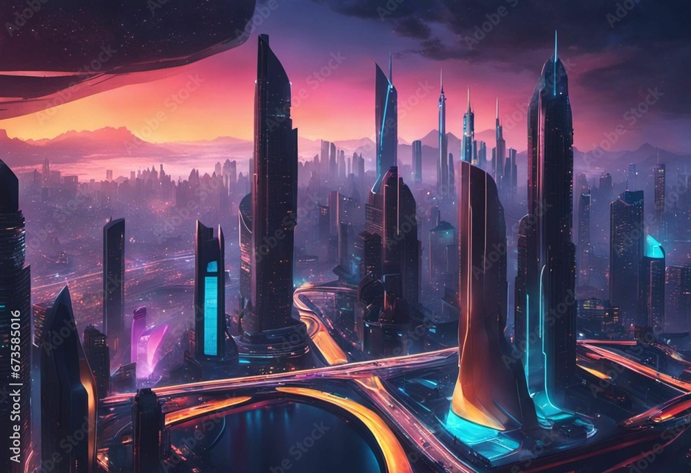 AI generated illustration of a vibrant cityscape at night with ...