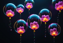 A Whimsical And Playful Image Of Neon Fractals That Resemble Bubbles Or Balloons Floating In The Space