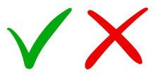 Hand Drawn Of Green Check Mark And Red Cross Isolated. Right And Wrong Icon. Vector Illustration.
