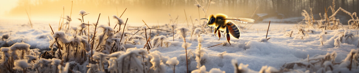 Wall Mural - A Banner Photo of a Bee in a Winter Setting