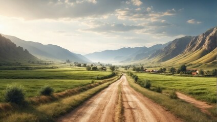 Wall Mural - a peaceful landscape, serene rural landscape with lush green fields, sky and peaceful sunlight
