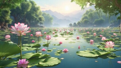 beautiful water lilies floating on calm water with reflection
