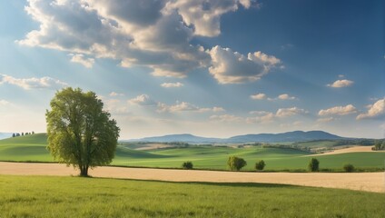 Wall Mural - a peaceful landscape, serene rural landscape with lush green fields, sky and peaceful sunlight
