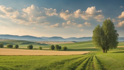 a peaceful landscape, serene rural landscape with lush green fields, sky and peaceful sunlight