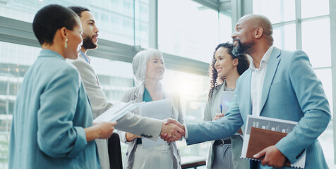 Poster - Business people, handshake and meeting in b2b, agreement or deal for teamwork or growth at office. Businessman shaking hands with woman in recruiting for team introduction, greeting or partnership