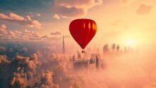 Hot Air Balloon On Above A City In Sunset. Skyscrapers In A Clouds