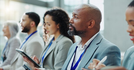 Wall Mural - Business people, diversity and meeting in team workshop, seminar or conference at office. Group of employees or audience listening to speech in staff training, presentation or convention at workplace