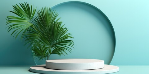 Wall Mural - Green palm plant on a pedestal and blue, in the style of circular shapes, minimalist stage designs. There is space to place products.