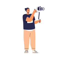 Videographer, operator recording, shooting with camera. Professional video maker, cameraman holding digital equipment. Videography production. Flat vector illustration isolated on white background