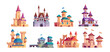Medieval castle icon vector cartoon kingdom set. Ancient fairytale fort and fantasy building architecture exterior. Isolated citadel collection design with flag. Princess tower drawing illustration