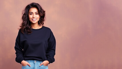 Wall Mural - An Indian woman wearing black sweatshirt isolated on pastel background