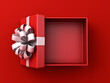 © masterzphotofo - Top view of white ribbon bow present box or opened gift box with lid on dark red background with shadow minimal conceptuals for christmas and valentines day 3D rendering