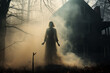 Ghostly woman near an abandoned house in a spooky forest with fog.