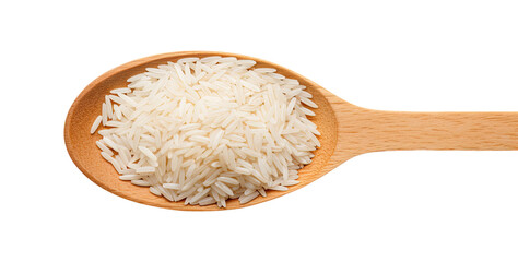 Wooden spoon with long rice isolated on transparent background