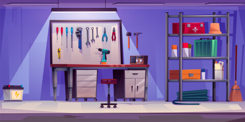 Wall Mural - Cartoon garage interior with workshop furniture and tools on wall board. Vector car repair and store room inside with table and chair, rack with toolbox and first aid kit, screwdrivers and pliers.