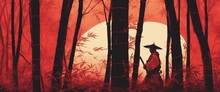 Samurai Walling In A Red Bamboo Forest With Sunset Behind