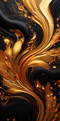 Wall Mural - Abstract gold futuristic glowing golden waves background. Black and gold luxury wavy wallpaper surface for elegant wedding invitation card, digital data concept packaging, technology brochure.