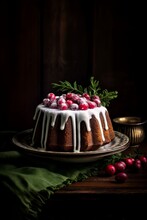 Cranberry And Orange Bundt Cake With Vanilla Glaze, Christmas Dessert Food Photography