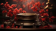 Chinese New Year Red Podium Stage With Gold , Happy New Year Background ,Hd Background