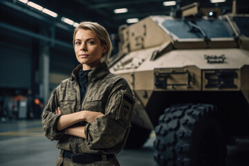 Wall Mural - A female soldier serving in the army stands near a battle tank.