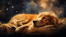 Very Beautiful Golden Retriever Dog, Bouncy Hair, Sleeping, Cloud, Big Yellow Moon Background, Star, Magical, Colors Full, Lullaby