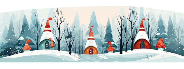 cute christmas houses of gnomes or elves in snow in winter landscape. Cartoon illustration.