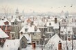 A cityscape during a snowy winter day, with rooftops covered in white