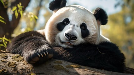 Wall Mural - a panda bear lying on a log