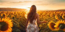 In A Field Of Sunflowers, A Girl Stands With Her Back To The Sunset, Her Arms Spread Wide.
