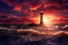 Seaside Sunset Sky Background With A Lighthouse And Crashing Waves