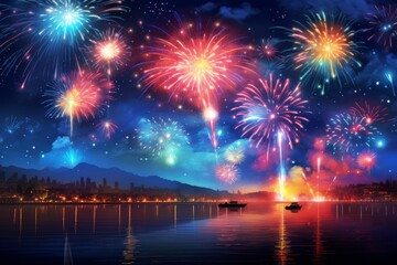 Wall Mural - A symphony of vibrant colors and lights fills the sky in this fireworks display