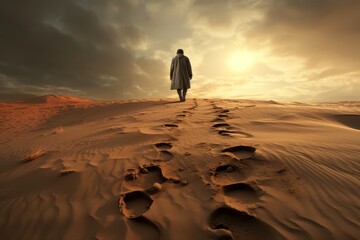 Wall Mural - Conceptual image of a person looking back at footprints in the sand, symbolizing fears of the past