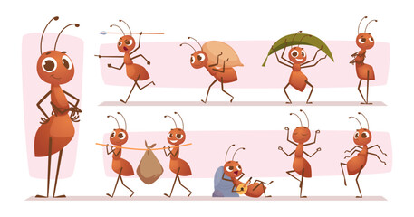 Wall Mural - Cartoon ants. Mascot bugs running jumping standing exact vector ants in action poses