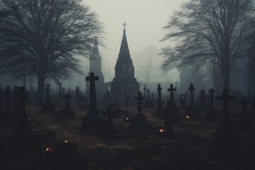 Wall Mural - Ominous fog creeping through a graveyard in mist