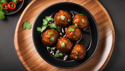 Yummy Veg Manchurian Gravy Balls in black bowl isolated on white