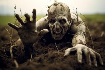 Wall Mural - Zombie hand bursting out of the ground. Halloween theme background