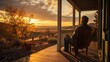 A person sitting in a rocking chair on a porch, gazing at the sunset