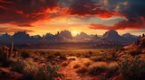 Fototapeta Zachód słońca - Wild West Texas desert landscape with sunset with mountains and cacti.