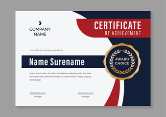 Wall Mural - red and blue minimalist horizontal certificate of achievement design template with gold badge