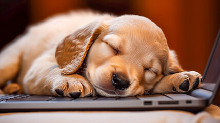 Sticker - Labrador retriever puppy sleeping on a laptop keyboard. Close up. Cute Golden Retriever Puppy Lying on a Computer Keyboard. 