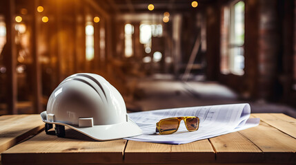 Architectural blueprint and helmet on the table at the construction site